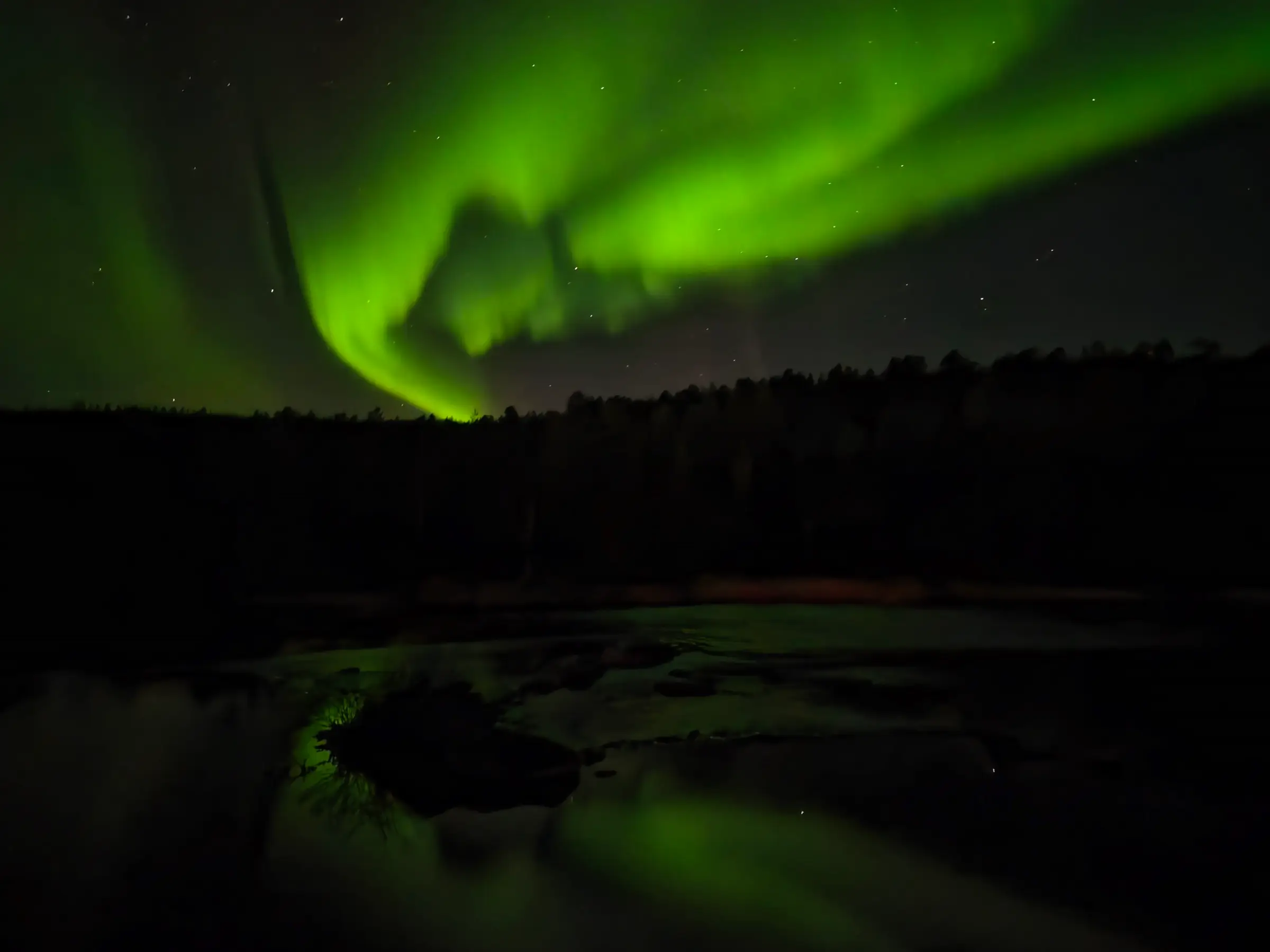 Green Northern Lights arching over the forest and reflected in still water near the village