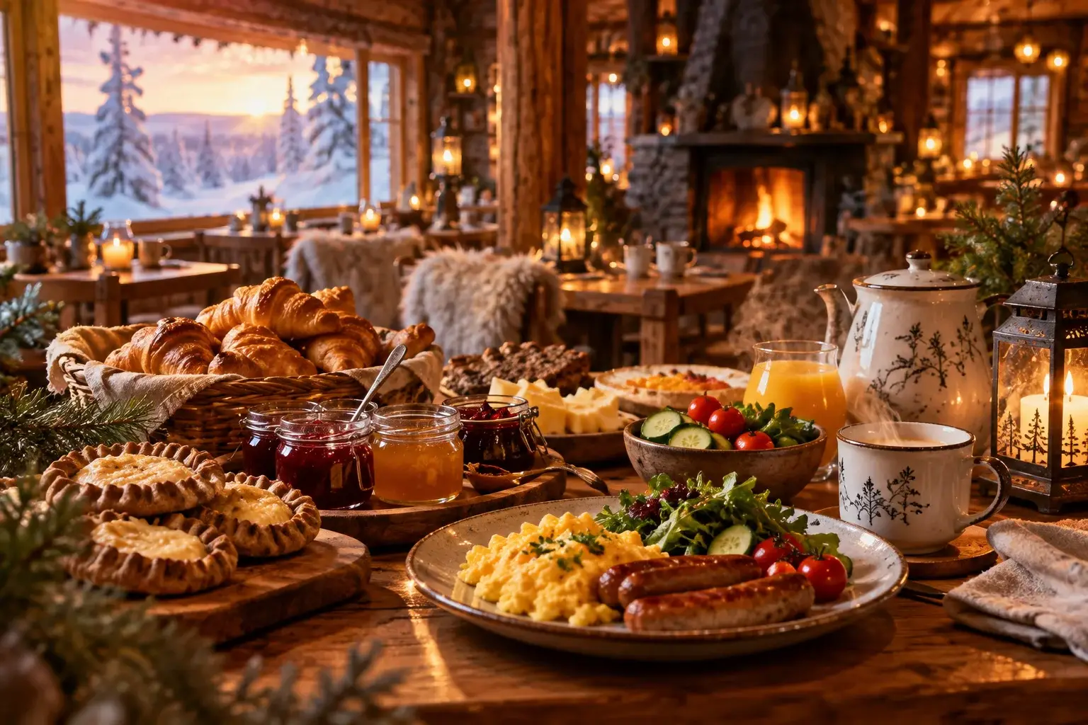 A mug of coffee and a bowl of pastries by the fireplace