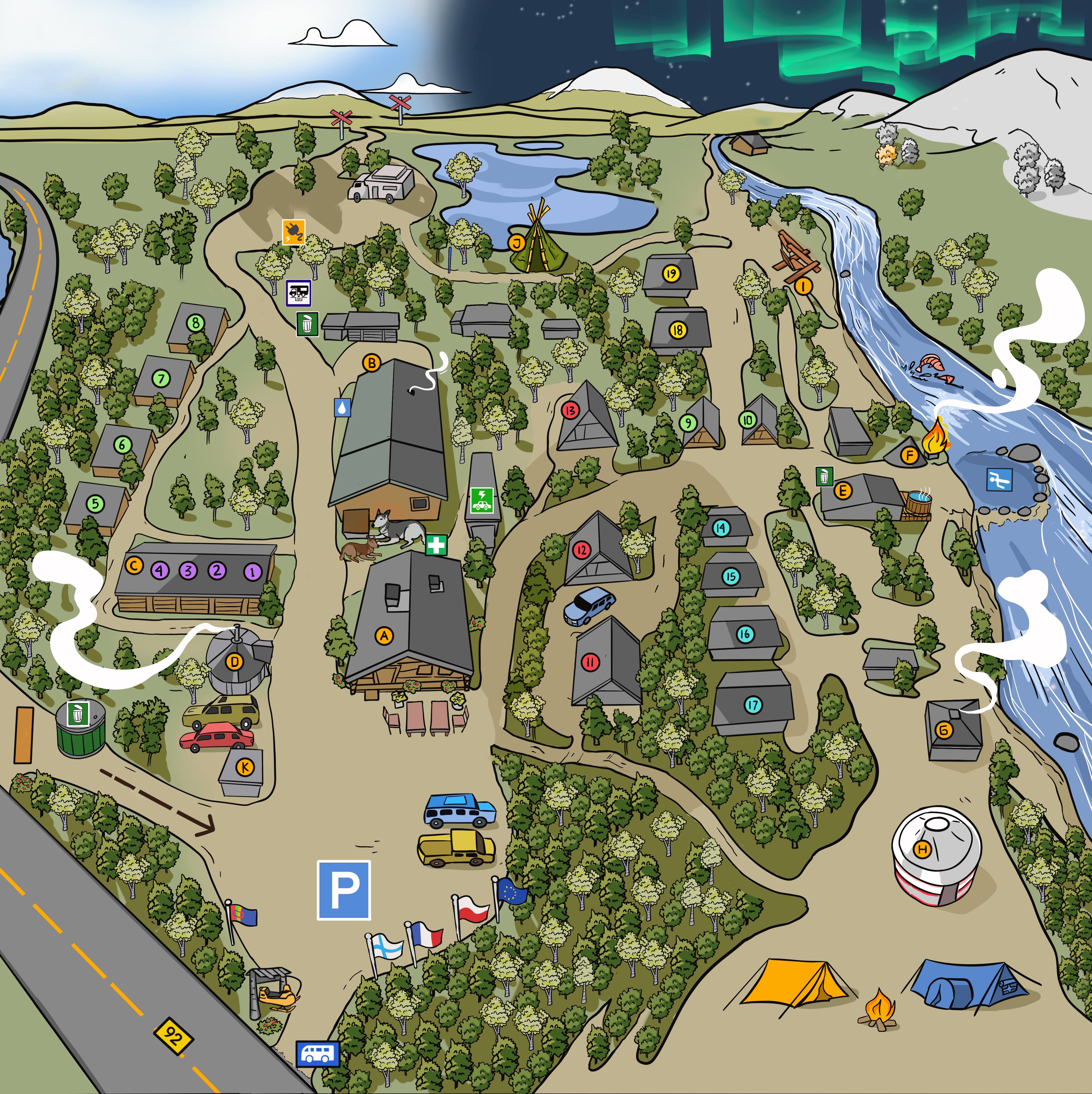 Illustrated map of Muotkan Ruoktu: the cabins, the restaurant and the kotas between the road, the lake and the Peltojoki river, under the fells and the Northern Lights.